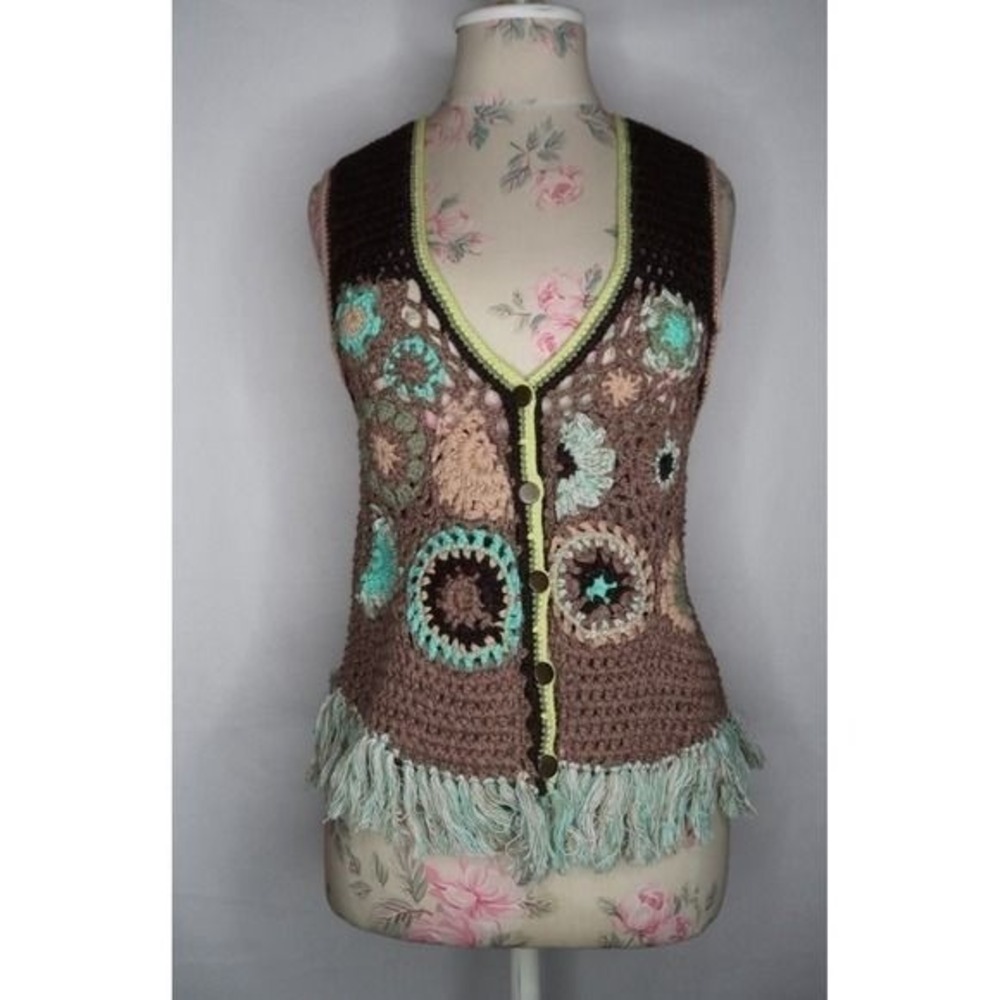 NWT Free People Canyon Combo Crochet Fringe Vest Boho Festival Vest Sz S Hippie